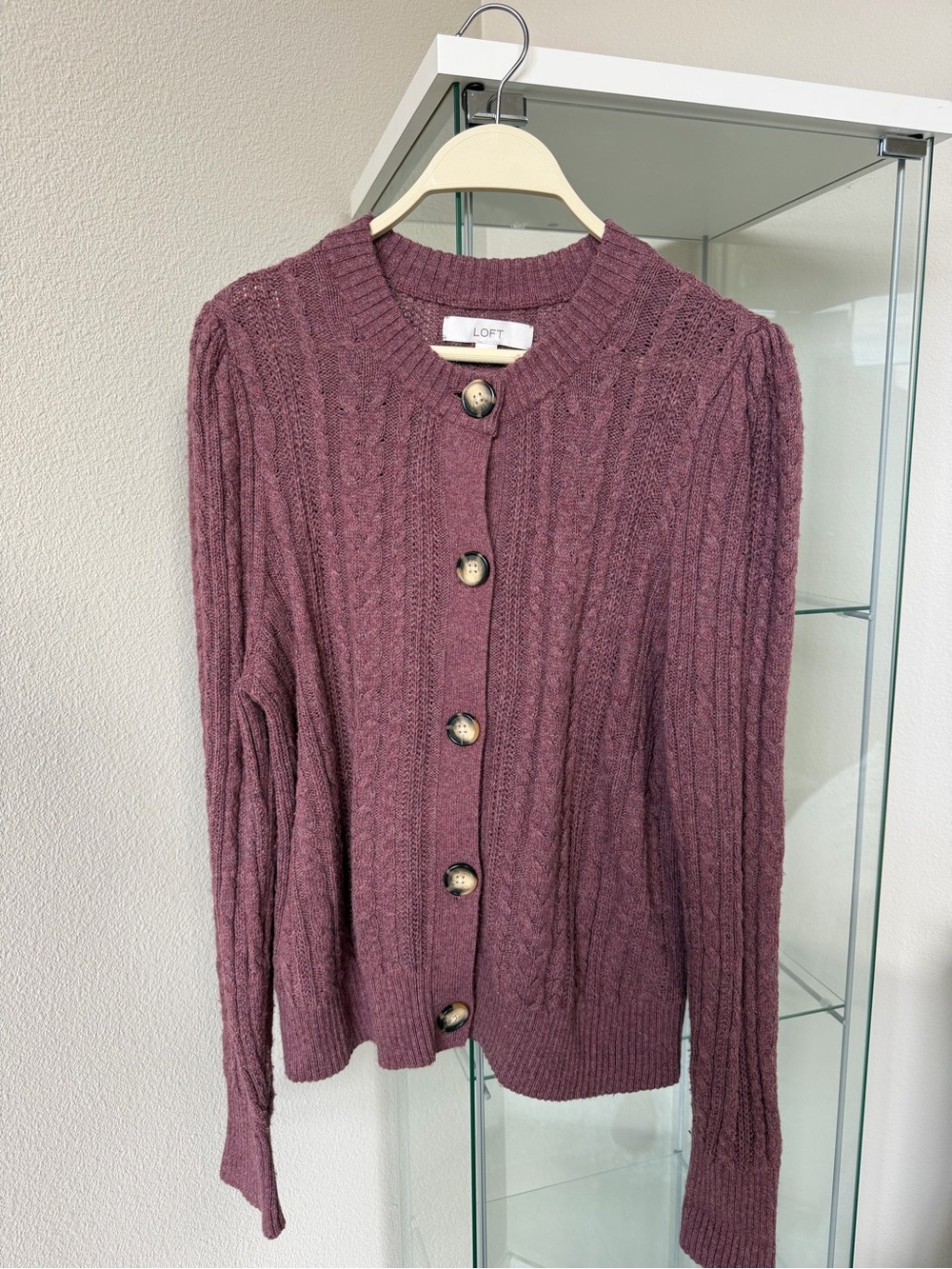 LOFT Mauve Cable-Knit Button-Front Cardigan